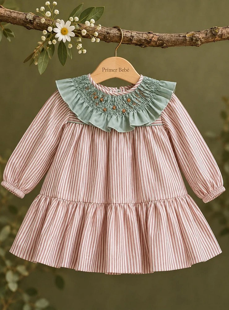 Girls' Pink Striped Dress with Embroidered Collar – Mango by Copo Collection