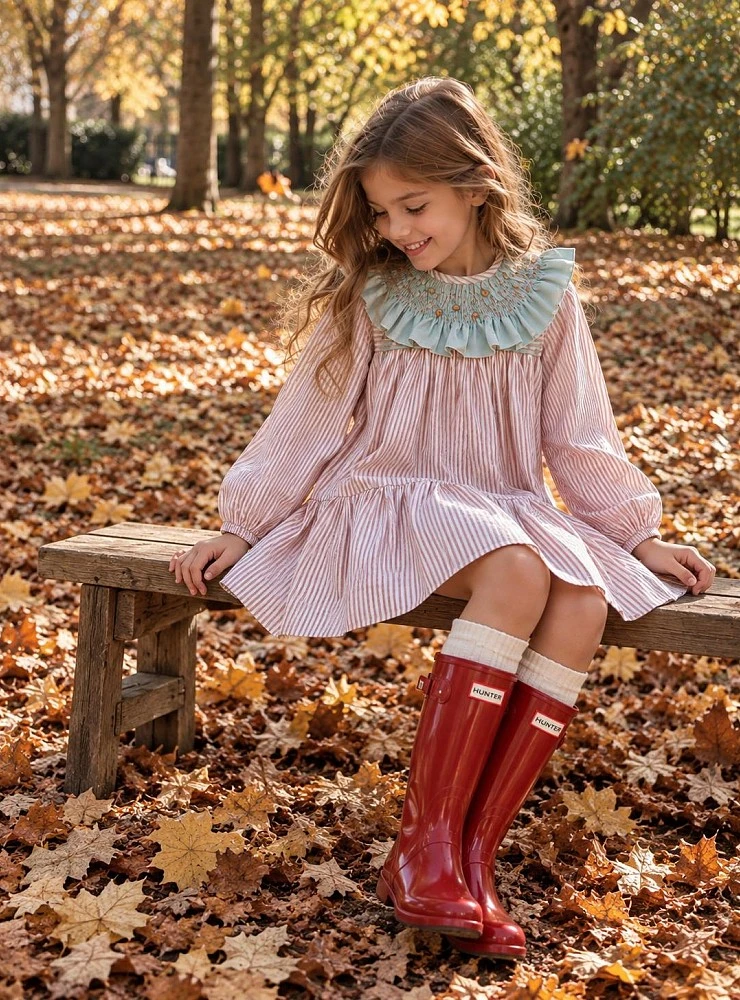 Girls' Pink Striped Dress with Embroidered Collar – Mango by Copo Collection