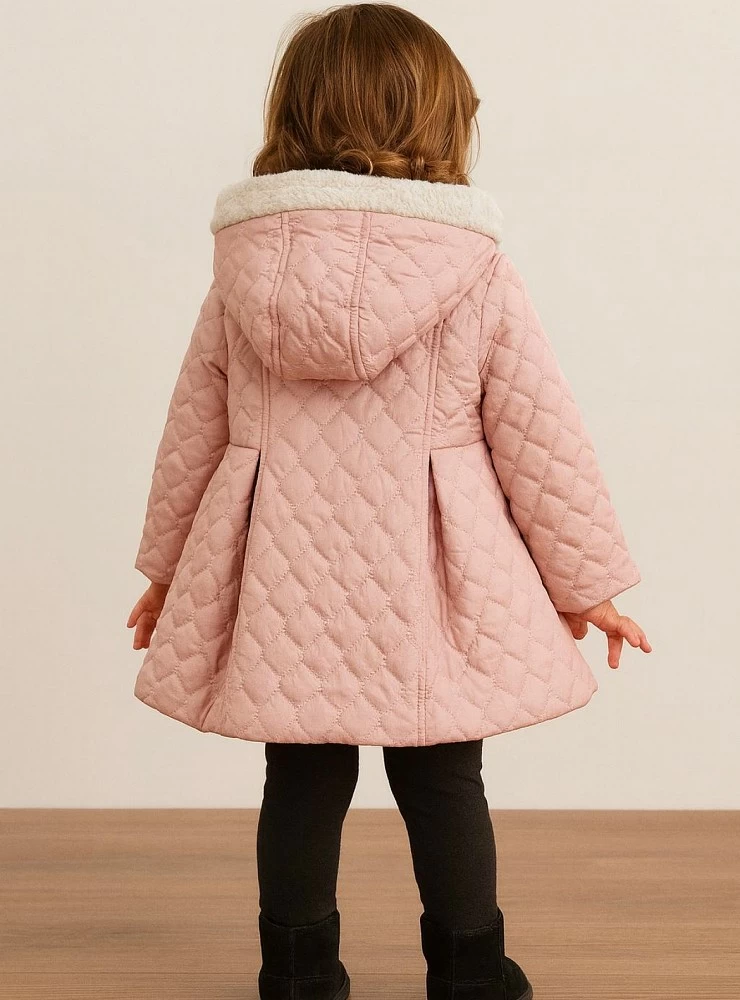 Girls' quilted coat. Powder pink with shearling.