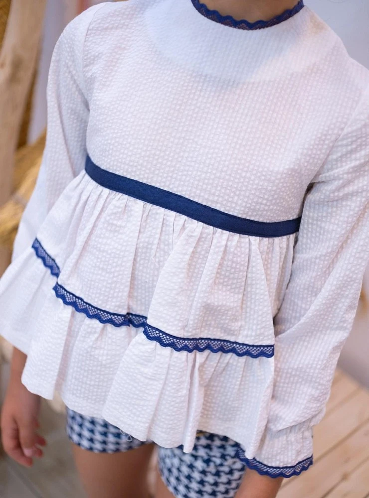 Girls' Set: White Blouse and Houndstooth Shorts by Mon Petit Bonbon