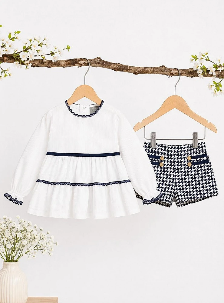 Girls' Set: White Blouse and Houndstooth Shorts by Mon Petit Bonbon