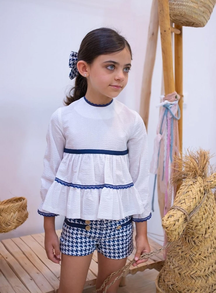 Girls' Set: White Blouse and Houndstooth Shorts by Mon Petit Bonbon