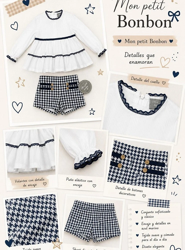 Girls' Set: White Blouse and Houndstooth Shorts by Mon Petit Bonbon