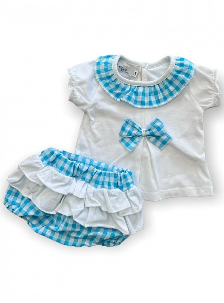 Girl's set White t-shirt and turquoise gingham panties