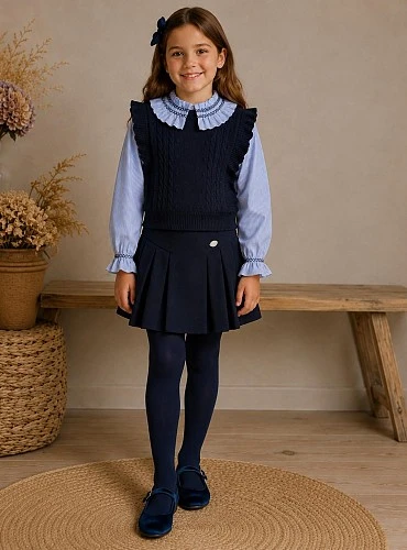 Girls' 3-piece outfit: blouse, skirt, and navy blue vest