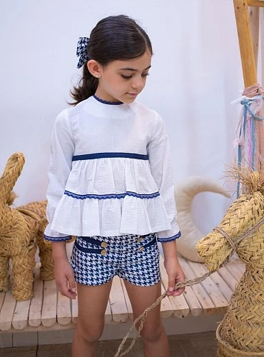 Girls' Set: White Blouse and Houndstooth Shorts by Mon Petit Bonbon