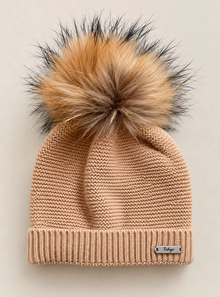 Gorro de punto con pompón de pelo natural desmontable