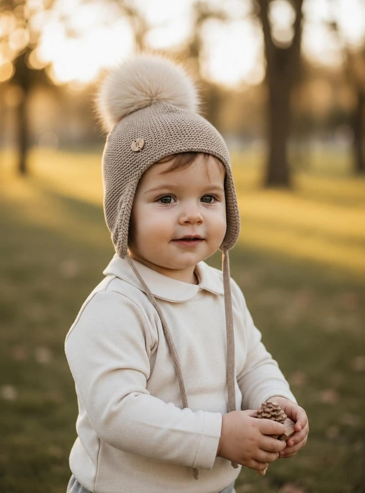 Gorro unisex de punto con pompón de pelo natural