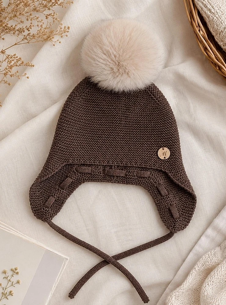Gorro unisex de punto con pompón de pelo natural