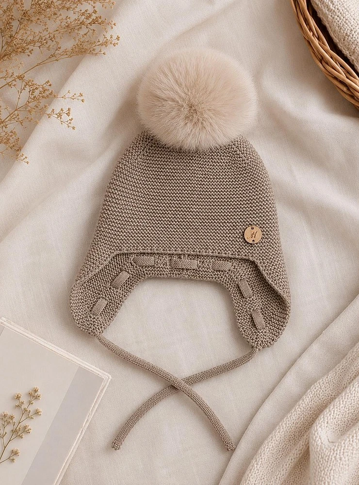 Gorro unisex de punto con pompón de pelo natural