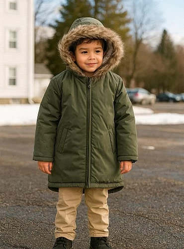 Green children's coat with fleece interior.