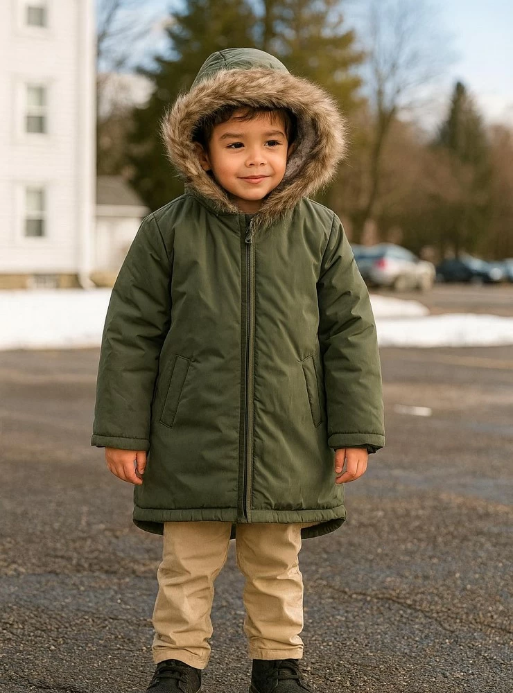 Green children's coat with fleece interior.
