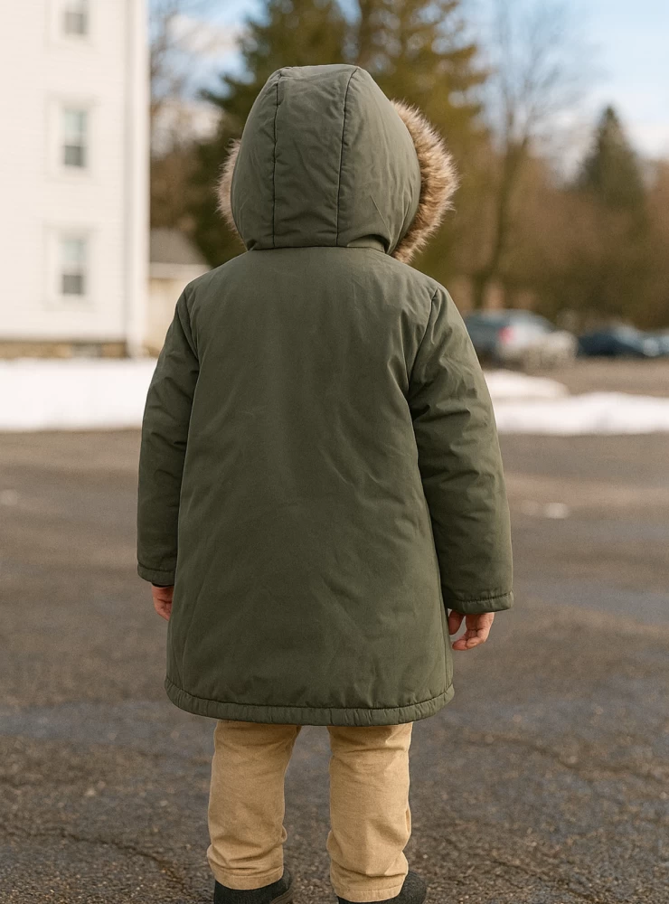 Green children's coat with fleece interior.