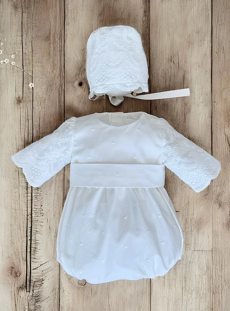 Guipure romper and bonnet for boys from the Dalia collection