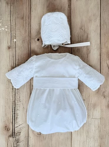 Guipure romper and bonnet for boys from the Dalia collection