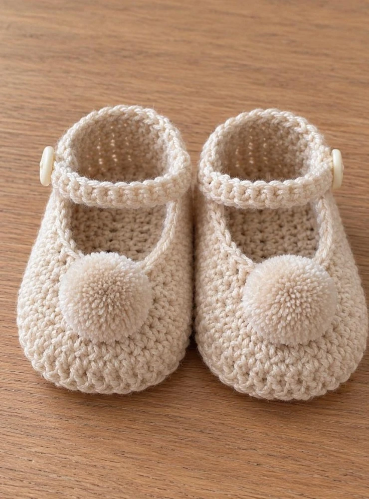 Hand-Knitted Baby Booties with Pom-pom | Unisex