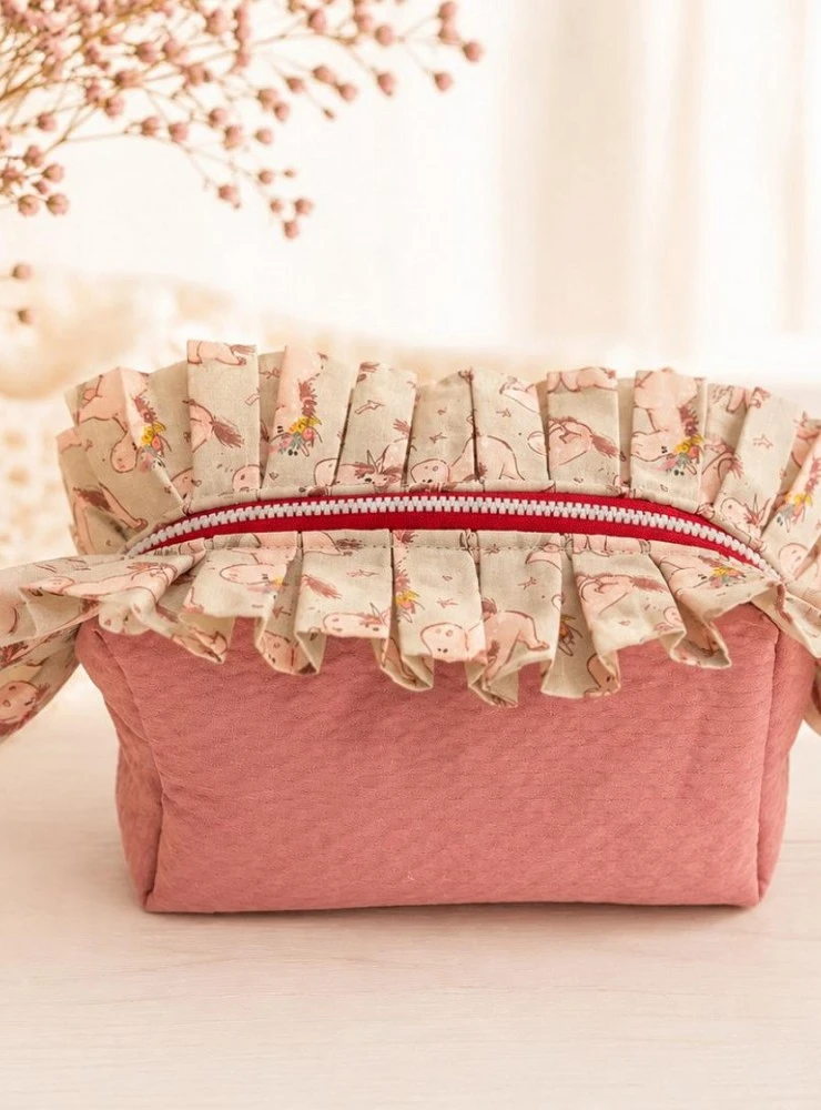 Handmade Pink Toiletry Bag with Ruffle for Baby and Mom