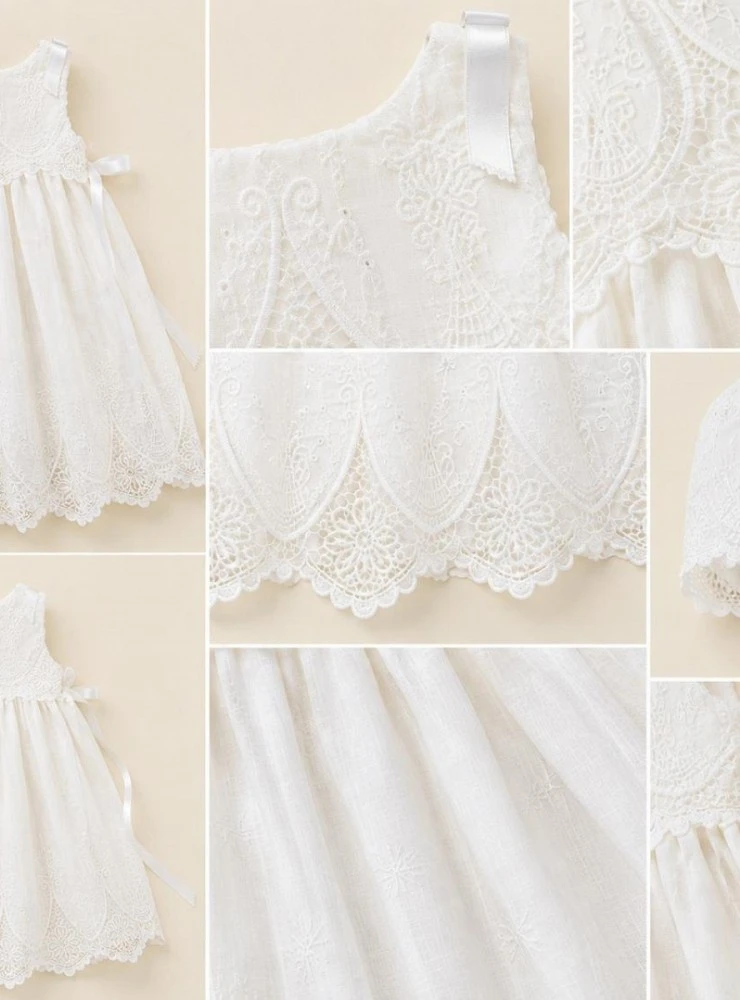 Heather Christening Gown with Bonnet | Off-White Embroidered Linen | Unisex