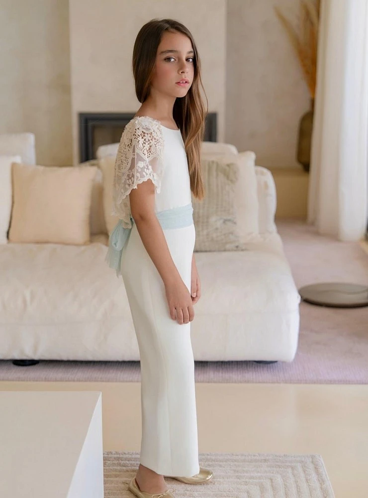 Jumpsuit for girls in beige with aqua green