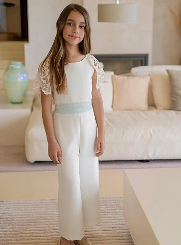 Jumpsuit for girls in beige with aqua green