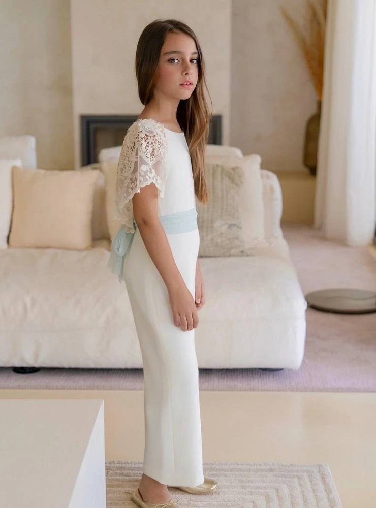 Jumpsuit for girls in beige with aqua green