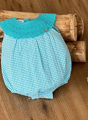 Knit and fabric romper in turquoise color