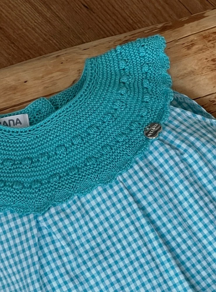 Knit and fabric romper in turquoise color
