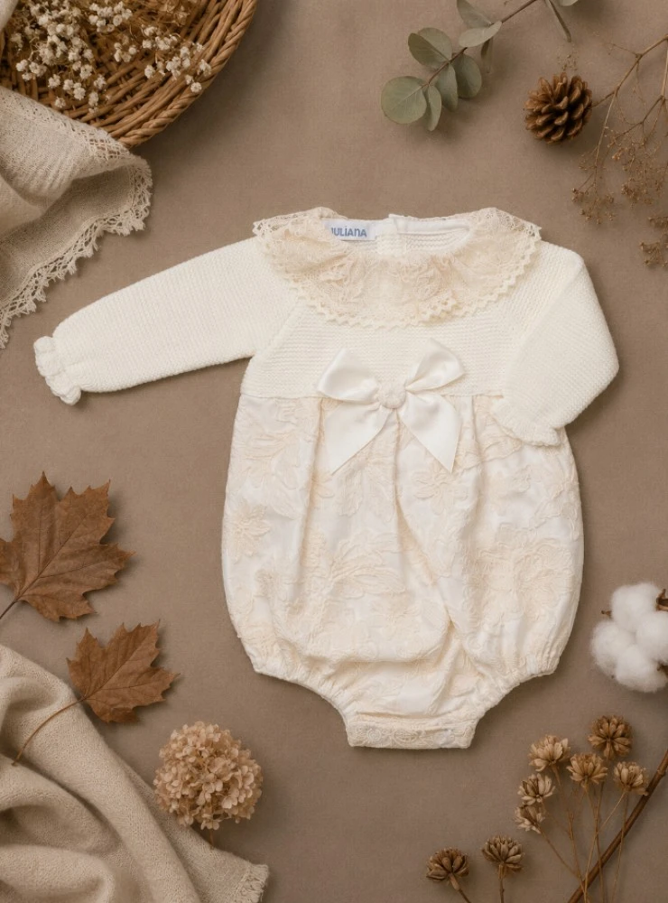 Knitted and cotton romper for a boy's christening