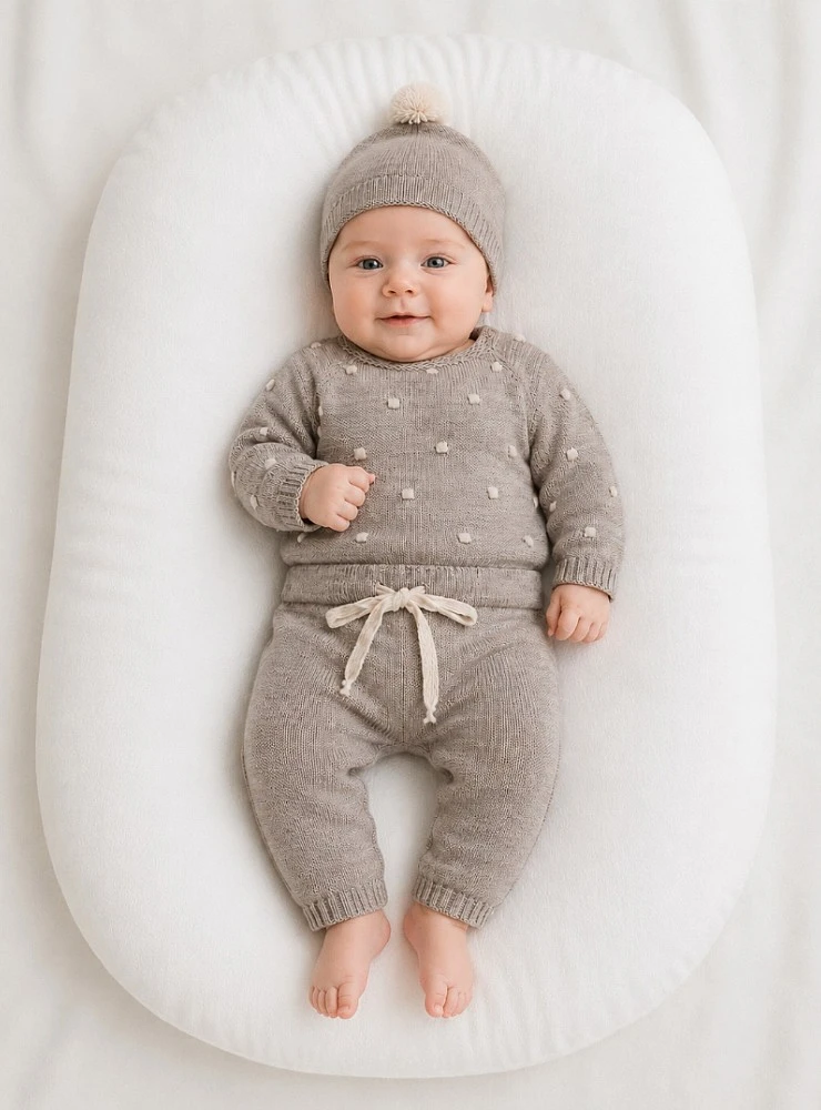 Knitted baby boy outfit with mink-colored hat