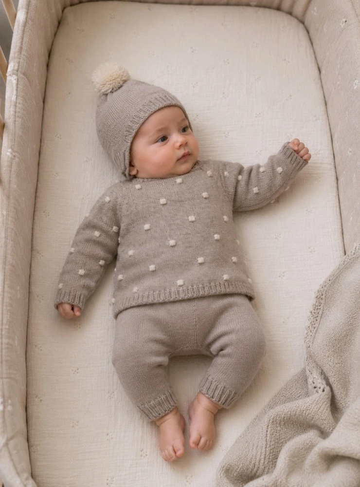 Knitted baby boy outfit with mink-colored hat