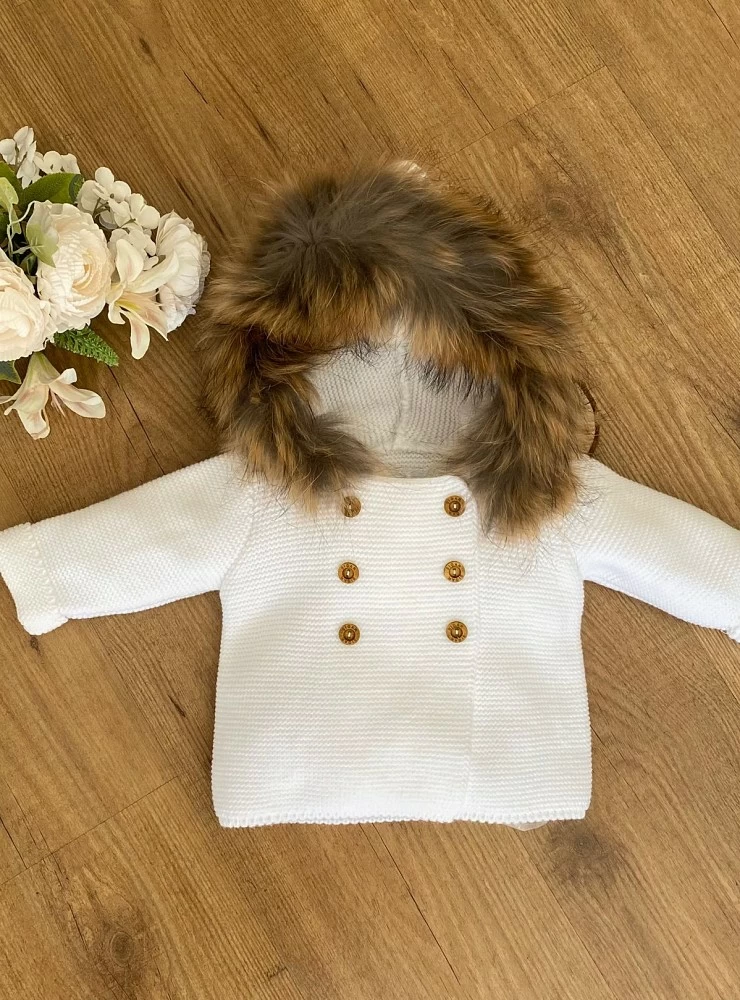 Knitted jacket with a natural fur hood. Various colors