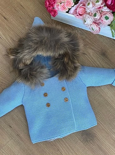Knitted jacket with a natural fur hood. Various colors