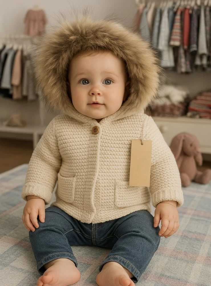 Knitted jacket with natural fur hood. Lolittos Cupcake Collection