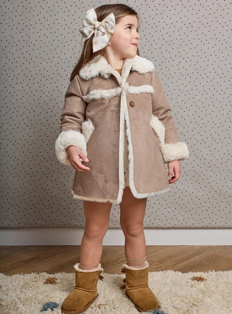 La Martinica girls' camel faux-suede coat with beige fur trim.