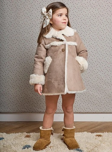 La Martinica girls' camel faux-suede coat with beige fur trim.