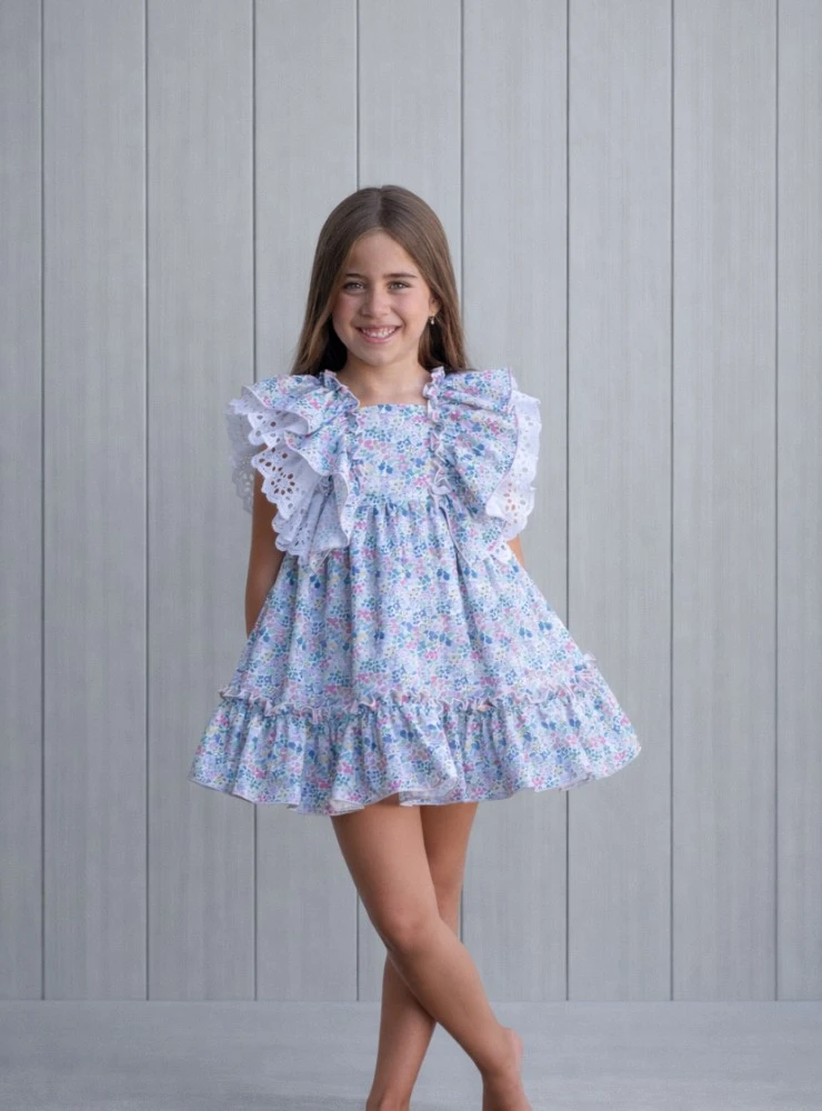 Liberty print dress with embroidered trim, Raspa collection