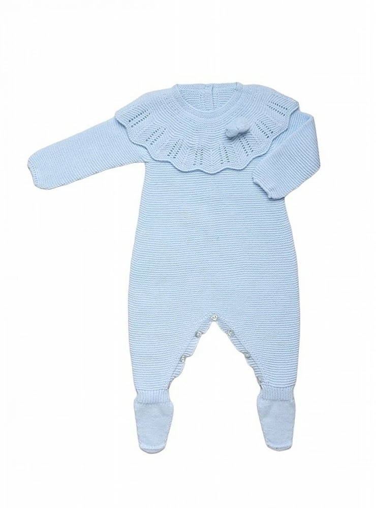 Light blue knit unisex romper with frill neck