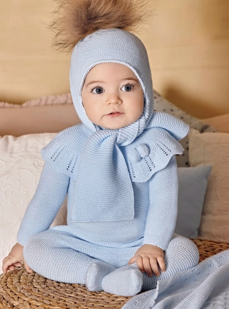 Light blue knit unisex romper with frill neck