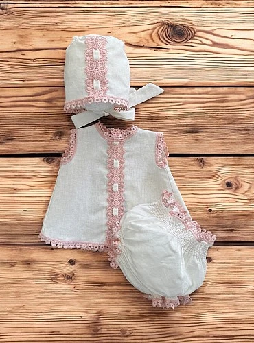 Linen baby ceremony outfit with beige and pink bonnet