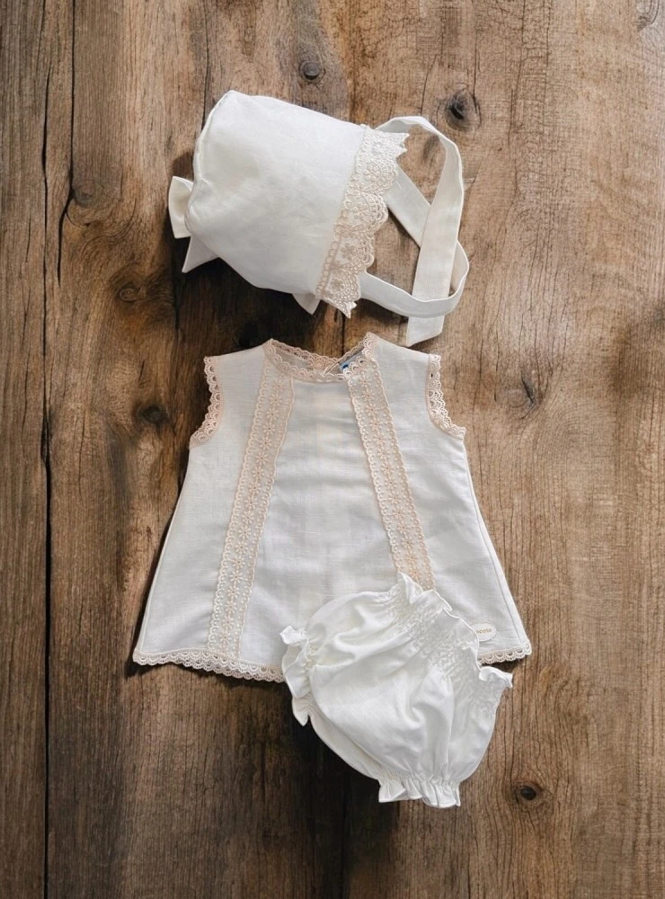 Linen baby christening outfit with beige bonnet