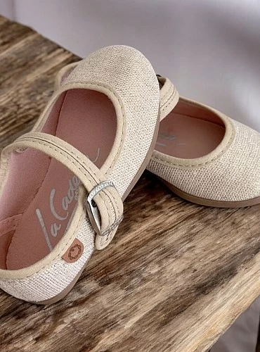Linen Mary Janes with gold thread and a buckle clasp