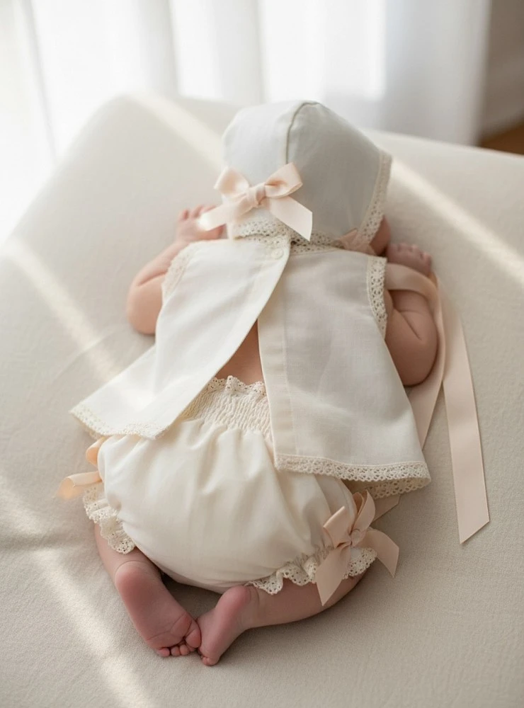 Linen outfit for baby girl with bonnet | Wheat Collection