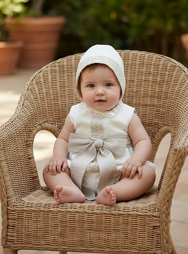 Linen romper and bonnet set. Camelia Collection