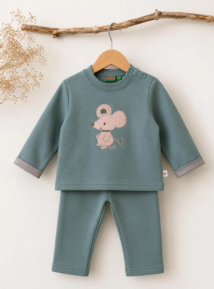 Little Mouse green tracksuit for boys with embroidered sweatshirt