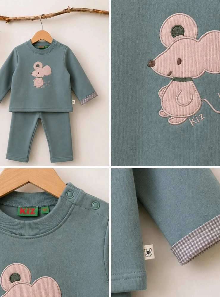 Little Mouse green tracksuit for boys with embroidered sweatshirt