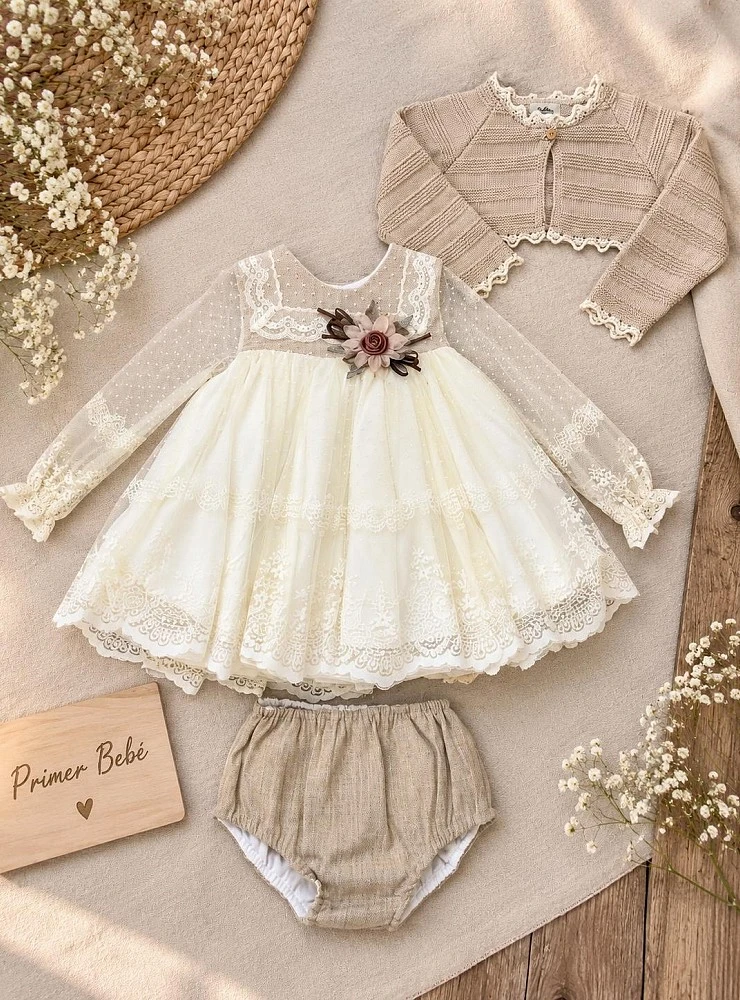 Lolittos Nácar Collection Baby Girl Dress, Jacket, and Bloomer Set