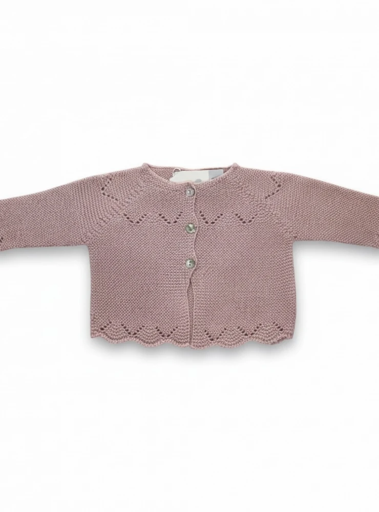 Long baby cardigan, two-tone, for first outfits. Suitable for in-between seasons.