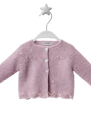 Long baby cardigan, two-tone, for first outfits. Suitable for in-between seasons.