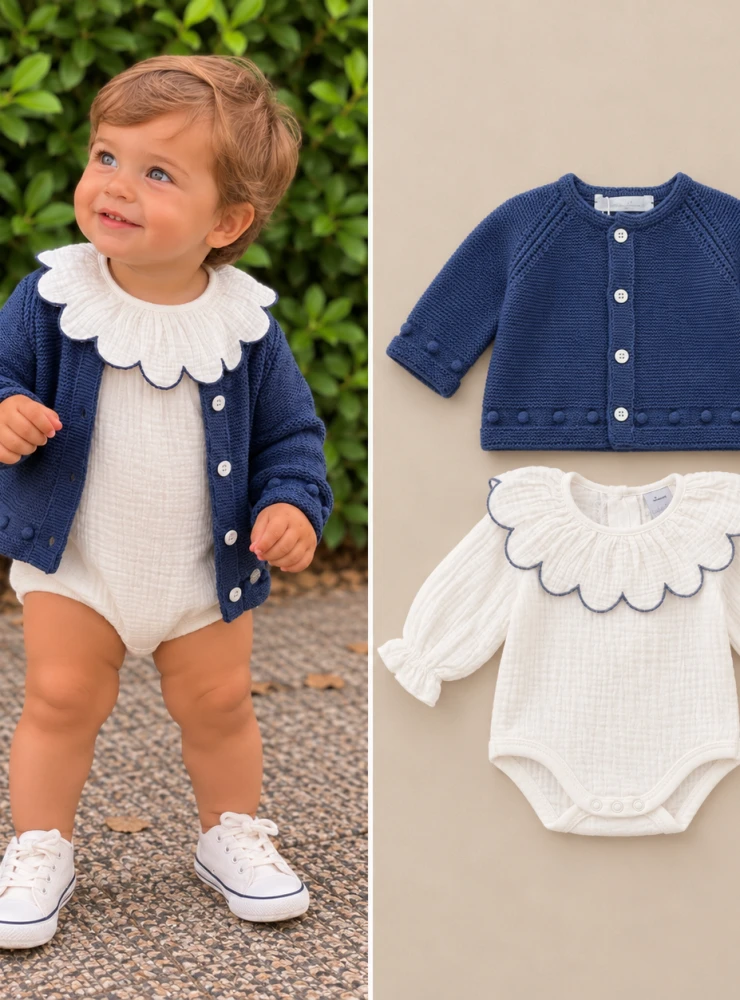 Look bebé blanco y azul marino con chaqueta de punto