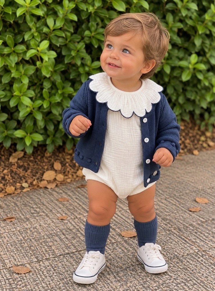 Look bebé blanco y azul marino con chaqueta de punto
